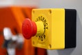 closeup emergency stop button of danger machine, stop and solving problem immediately concept Royalty Free Stock Photo