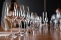 Closeup Empty Clear Transparent Crystal Wine And Water Glasses Standing On Table In Straight Rows On Wine Tasting