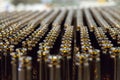 Empty brown beer bottles on bottling line at brewery.