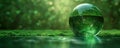 Closeup of an empty glass sphere with green reflections and bokeh background Royalty Free Stock Photo