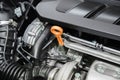 Closeup engine oil cap in engine room at modern car. Interior of Royalty Free Stock Photo