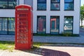 closeup English red telephone box