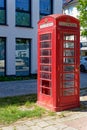 closeup English red telephone box