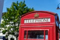 closeup English red telephone box