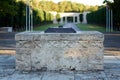 Closeup of an eternal flame burning at the entrance of the Brethren Cemetery in Riga, Latvia