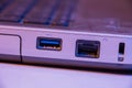Closeup of Ethernet cable and USB ports in a laptop