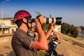 Closeup European Photographer in Helmet Photos Sea