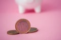 euros coins in front of white piggy bank on pink background