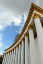 Closeup of exhibition hall in Kyiv, soviet building with many columns, example of Stalinist architecture or Stalinist Empire