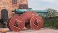 Closeup exhibition of an old ancient wooden cannon