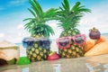Tropical fruit mix on beach. Pineapple with sunglasses water ref Royalty Free Stock Photo