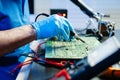 Closeup of expert soldering a green PCB board using precision tools. Ideal for electronics, circuit repair, engineering, tech Royalty Free Stock Photo