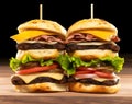 Closeup of extra tall hamburger with delicious ingredients Royalty Free Stock Photo