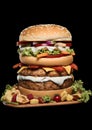Closeup of extra tall hamburger with delicious ingredients Royalty Free Stock Photo