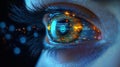 Closeup eye reflects data privacy warning symbols. Digital data breach concept. Analogous color scheme. Person eye shows tech
