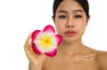 Closeup face of beautiful healthy clean skin model with a frangipani flower. Perfect woman face with make up and naked Royalty Free Stock Photo