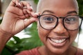 Closeup, face and black woman in glasses and vision, eye care and optometry, frame and prescription lens. Eyesight Royalty Free Stock Photo