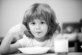 Closeup face of kid eating organic food, yogurt, milk. Child healthy eat. Smiling little boy eating food on kitchen. Royalty Free Stock Photo