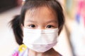 Closeup face kid girl wearing white medical mask. Prevent air pollution PM2.5 and virus. Child aged 5 years old Royalty Free Stock Photo