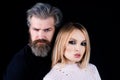 Closeup face portrait of sensual couple. Hipsters love. Rock style. Fashion studio photo of beautiful sensual couple Royalty Free Stock Photo