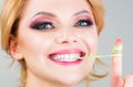Closeup face, smile. Woman makeup, bubblegum, gum.Bubble chewing girl, bubble gum portrait. Fun female and happy. Makeup Royalty Free Stock Photo