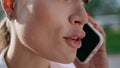 Closeup face woman calling smartphone on street. Businesswoman talking phone Royalty Free Stock Photo