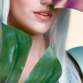 Closeup facial portrait personable woman holding green monstera.