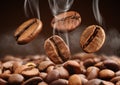 Closeup falling coffee bean with smoke on brown background Royalty Free Stock Photo