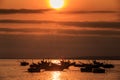 Closeup Fantastic Sunset Sun Lights Boat Silhouettes in Bay Royalty Free Stock Photo