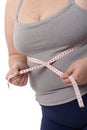 Closeup fat woman measuring waistline Royalty Free Stock Photo