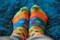 closeup of feet with colorful, polkadot socks