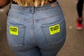 Closeup of female behind with bollocks to Brexit message on jeans Royalty Free Stock Photo