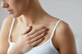 Closeup Female Body, Woman Having Pain In Chest, Health Issues Royalty Free Stock Photo