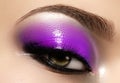 Closeup female eye with beautiful fashion bright make-up. Beautiful shiny blue eyeshadow, wet glitter, black eyeliner