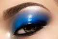 Closeup female eye with beautiful fashion bright make-up. Beautiful shiny blue eyeshadow, wet glitter, black eyeliner