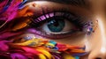 Closeup female eye with colorful holi, fashionable make-up colored feathers, banner, poster