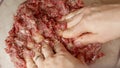 Closeup of female hand beating and mixing minced meat with spices. Cooking at home, kitchen appliance, healthy nutrition,