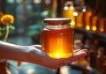 Closeup of female hand with a glass jar of honey. AI generated Royalty Free Stock Photo