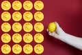 Closeup female hand holding yellow lemon, many circles of lemons on a green background, red background, vitamins concept, healthy Royalty Free Stock Photo