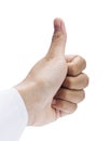 Closeup of female hand showing thumbs up sign against white background