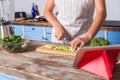 Closeup of female hands chopping cutting vegetables with knife, woman in apron cooking salad in kitchen