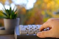 closeup female hands of elderly woman typing text on computer keyboard in garden, concept of learning to use computer at any age, Royalty Free Stock Photo