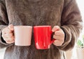 Closeup of female hands with a pink red mug coffee beverage. Beautiful girl in grey sweater holding cup of tea or coffee Royalty Free Stock Photo