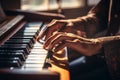 Closeup female hands talented Caucasian woman artist musician musical teacher playing piano fingers touching piano tiles