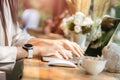 Closeup female hands typing on laptop keyboard. Woman working at home office concept Royalty Free Stock Photo