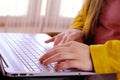 Closeup female hands typing text on computer keyboard, businesswoman at workplace, concept of remote work, modern technology, Royalty Free Stock Photo