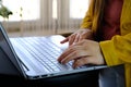 Closeup female hands typing text on computer keyboard, businesswoman at workplace, concept of remote work, modern technology, Royalty Free Stock Photo