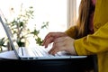 Closeup female hands typing text on computer keyboard, businesswoman at workplace, concept of remote work, modern technology, Royalty Free Stock Photo