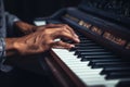 Closeup female male hands talented African-American musician musical teacher playing piano fingers touching piano tiles Royalty Free Stock Photo