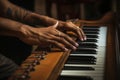 Closeup female male hands talented African-American musician musical teacher playing piano fingers touching piano tiles Royalty Free Stock Photo